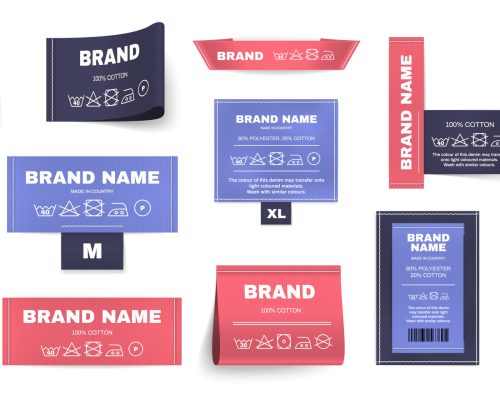 Laundry labels colored realistic set with brand name symbols isolated vector illustration